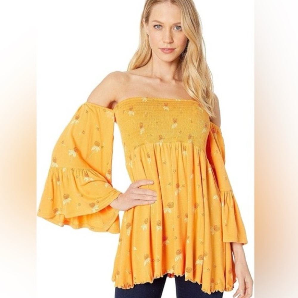 Free People Sunset Gold Off-Shoulder Smocked Mini Dress – Size M